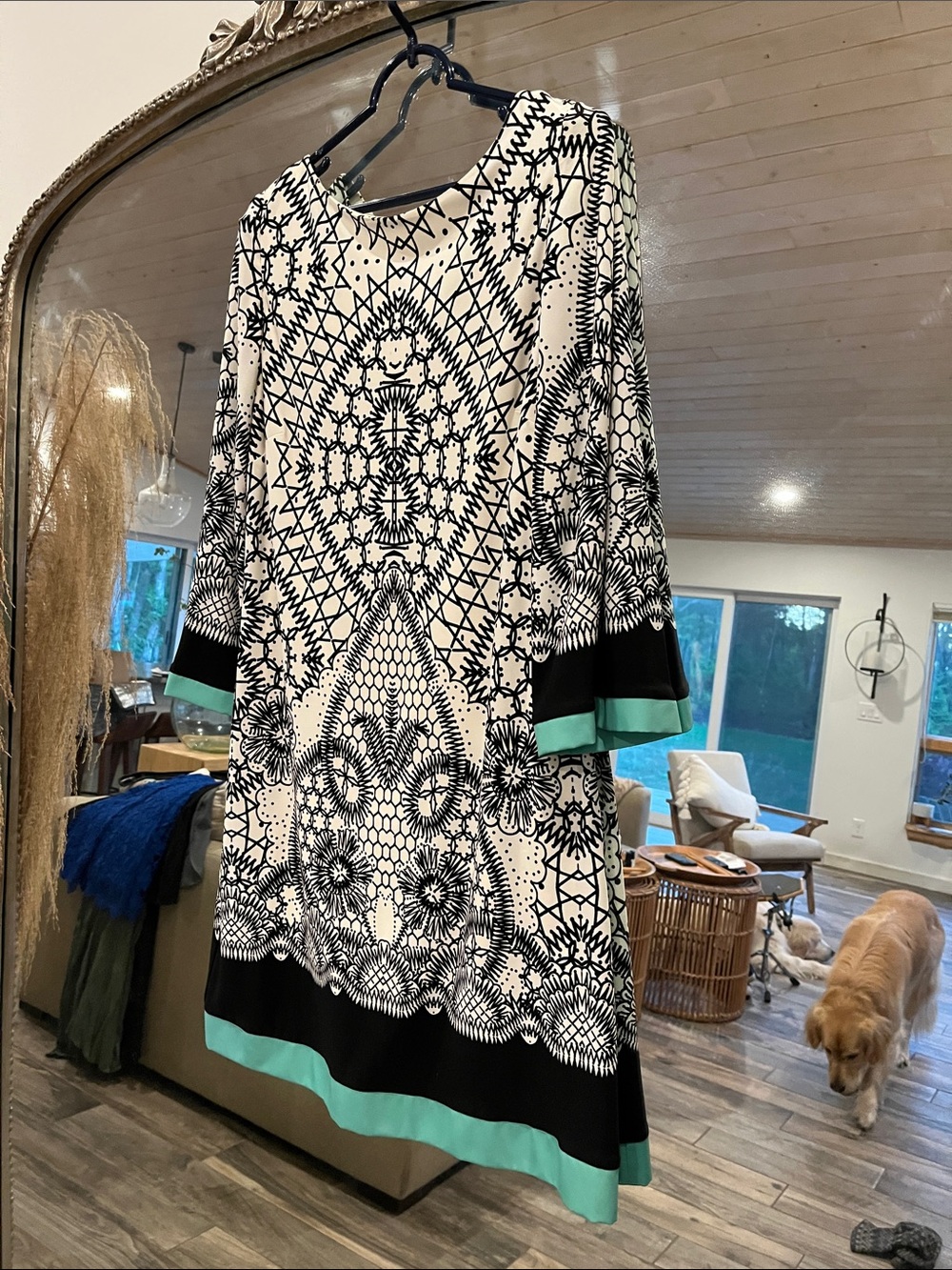 Eliza J Black and Cream Printed A-Line Dress with Mint Trim